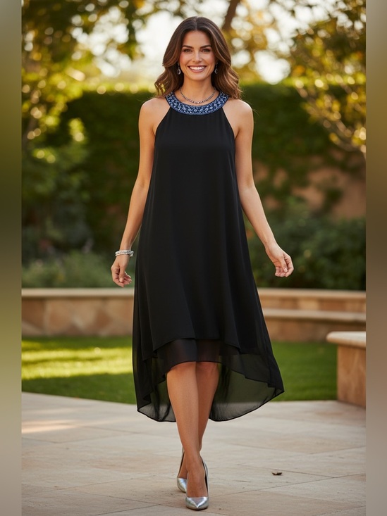 White House Black Market Dresses & Skirts - White House Black Market Black High-Low Dress with Beaded Neckline